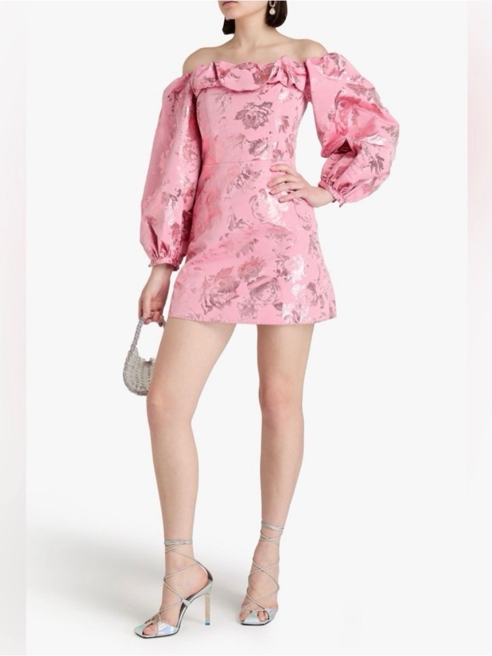 STINE GOYA Pink Floral Off-Shoulder Jacquard Mini Dress